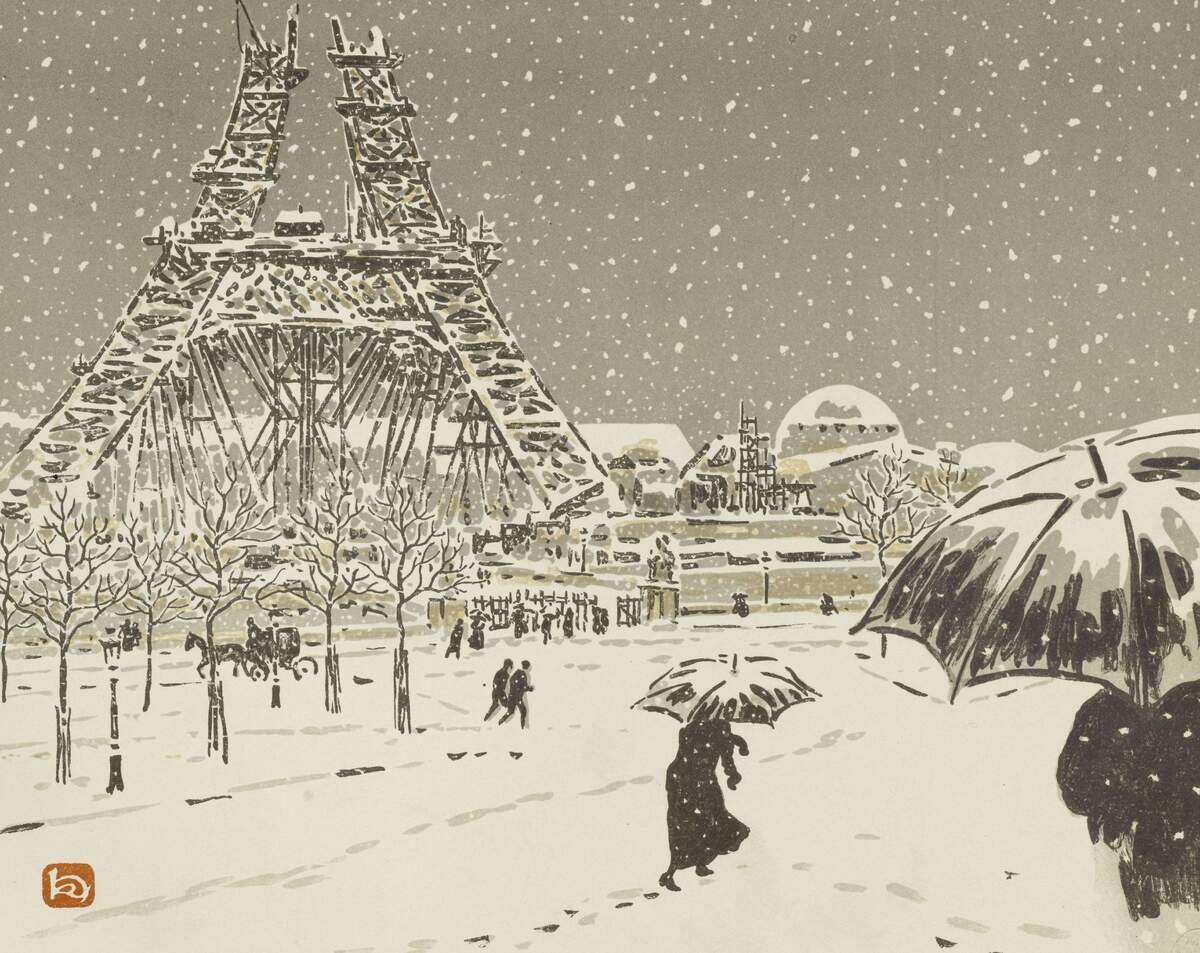 The unfinished Eiffel Tower rises through dense snow as pedestrians cross the Trocadéro beneath umbrellas.